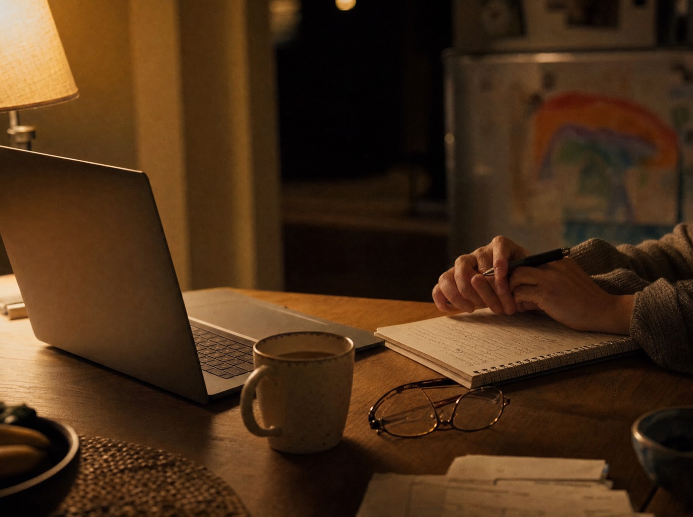 A kitchen table at night: an open laptop, a spiral notebook being written in, a mug of coffee and reading glasses under a warm lamp.